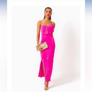 NWT Lily Pulitzer PINK PALMS CARLYNN SATIN BOW MAXI DRESS Size 4
